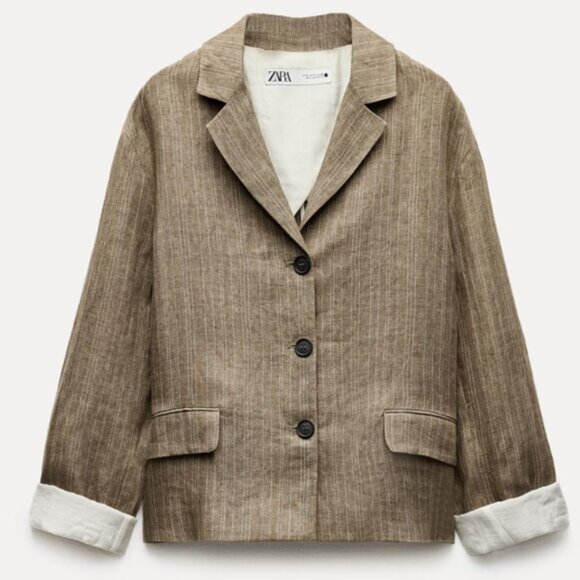 ZARA Linen Beige Striped Blazer Size M - Picture 1 of 11